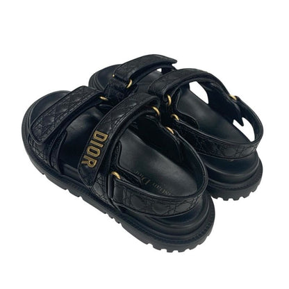 Christian Dioract Sandals Shoes Calfskin Black Gold Logo Cannage Quilted Sports