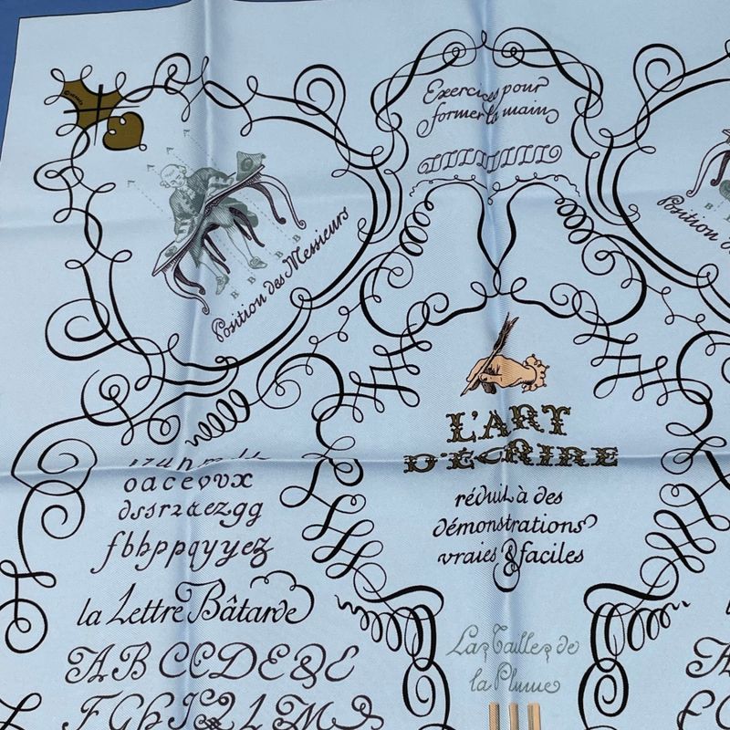 Hermes Calligraphy Art Scarf Silk Blue