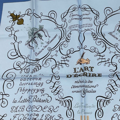 Hermes Calligraphy Art Scarf Silk Blue