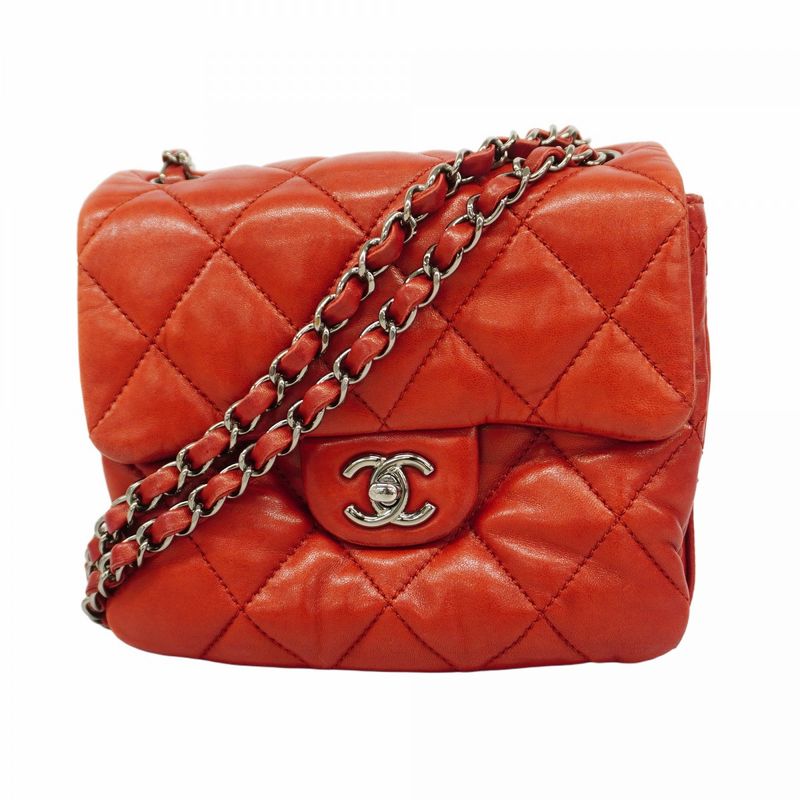 Chanel Shoulder Bag Matelasse Lambskin Red Silver Hardware Women
