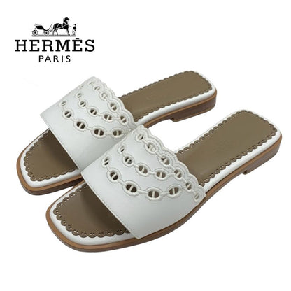 Hermes Frog Sandals Shoes Leather White Flat Sandals Mules Chaine D'ancre