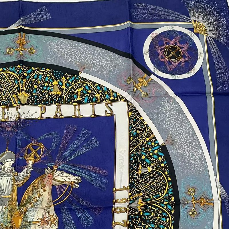 Hermes Carree 90 FEUX D'artifice Artisanal Fire Silk Scarf Navy