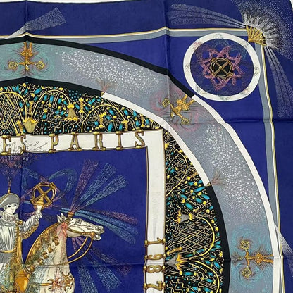 Hermes Carree 90 FEUX D'artifice Artisanal Fire Silk Scarf Navy