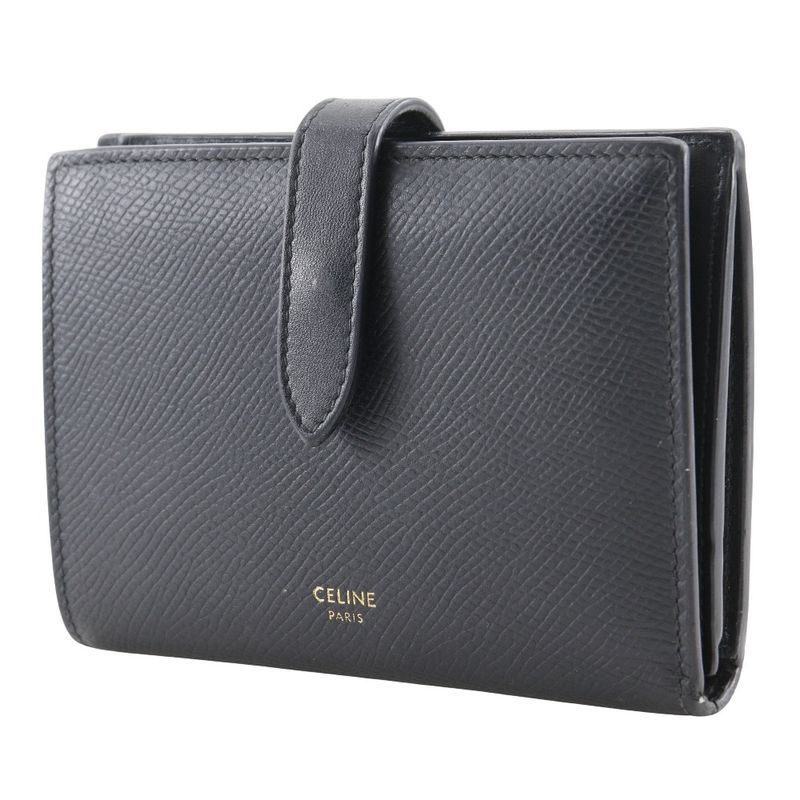 Celine Medium Strap Wallet Calf Black Ladies Bifold Wallet