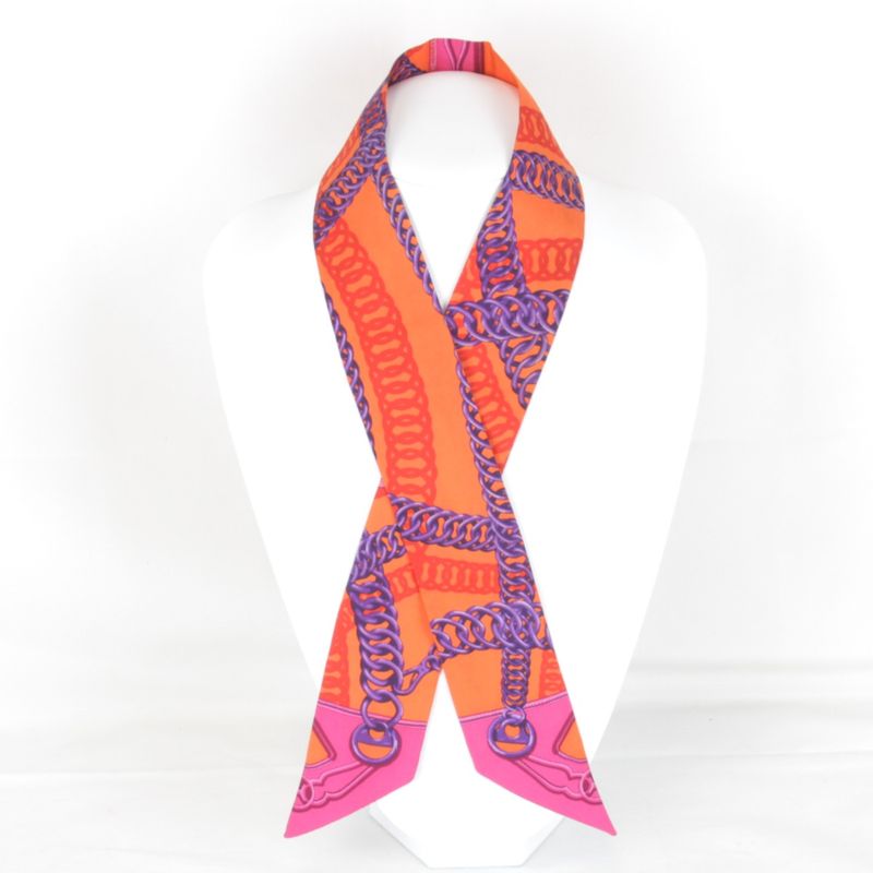 Hermes Twilly Chain Pattern Scarf Silk Orange Vivid Color