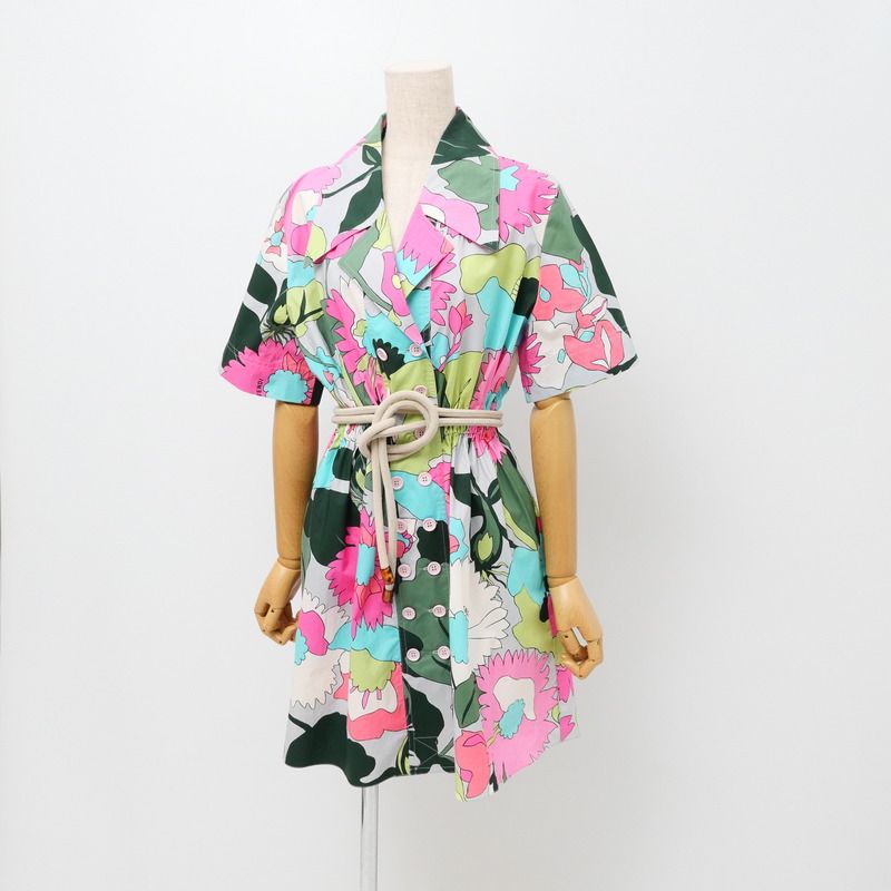 Fendi Dress Size 38 Short Sleeves Belted All Over Print Mini Made In Italy