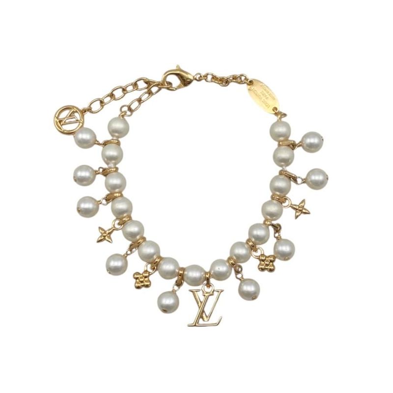 Louis Vuitton Bracelet Pearl River M1685a Monogram Flower LV Logo White Gold