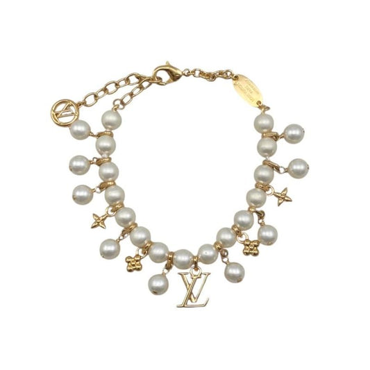 Louis Vuitton Bracelet Pearl River M1685a Monogram Flower LV Logo White Gold