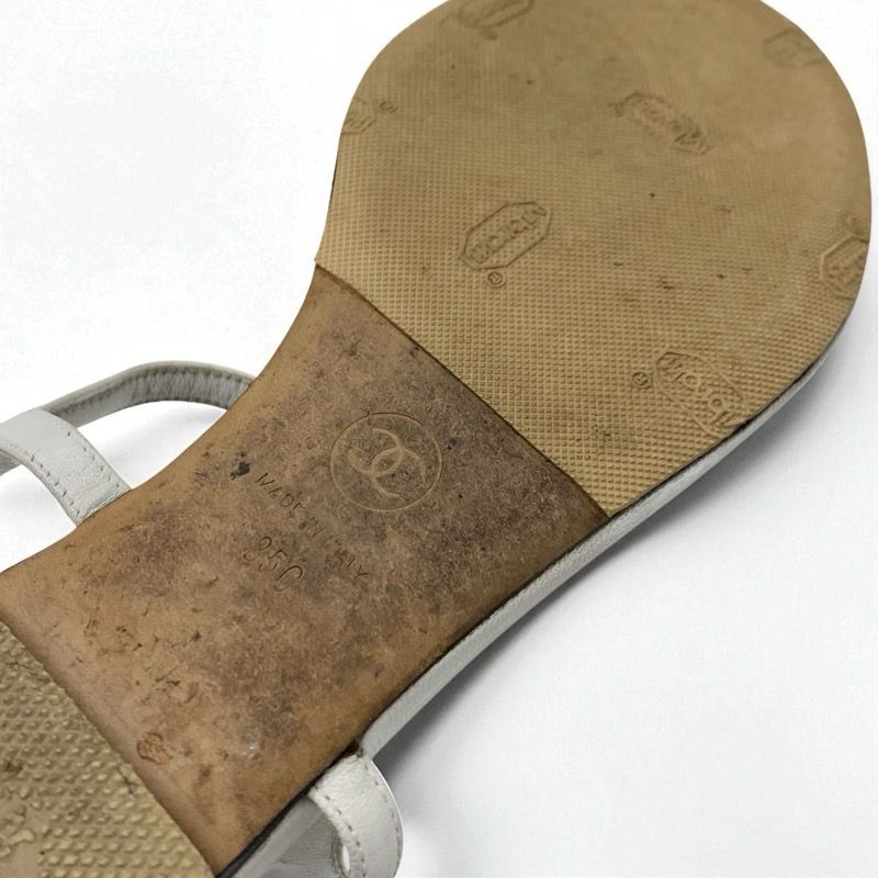 Chanel Sandals Shoes Leather White Gold Coco Mark Rhinestone Strap Thong