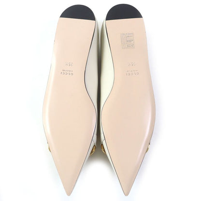 Gucci 621161 Leather Horsebit Pointed Toe Flat Pumps With Chain Ivory Gold And