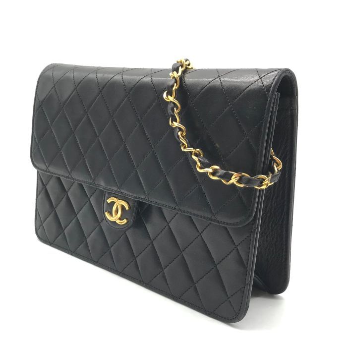Chanel CC Logo Lambskin Leather Quilted Push Lock Chain Shoulder Bag Black