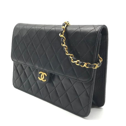 Chanel CC Logo Lambskin Leather Quilted Push Lock Chain Shoulder Bag Black