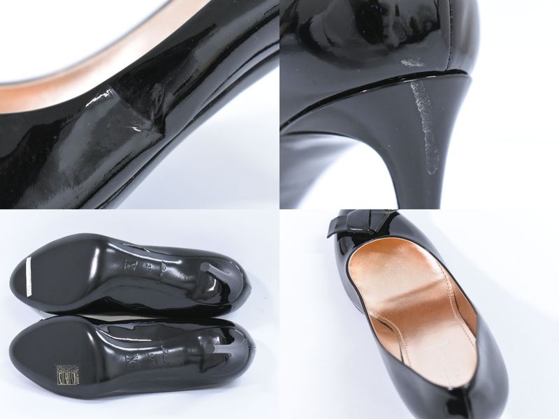 Authentic Louis Vuitton LV Logo Ribbon Pumps Heels 37H Patent Leather Black