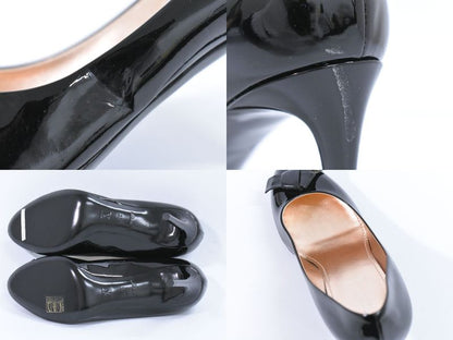 Authentic Louis Vuitton LV Logo Ribbon Pumps Heels 37H Patent Leather Black