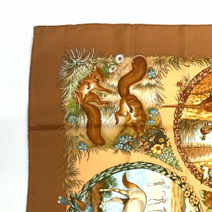 Grade Hermes Carre 90 LES Quatre Saisons Four Seasons Brown Animal Flower Scarf