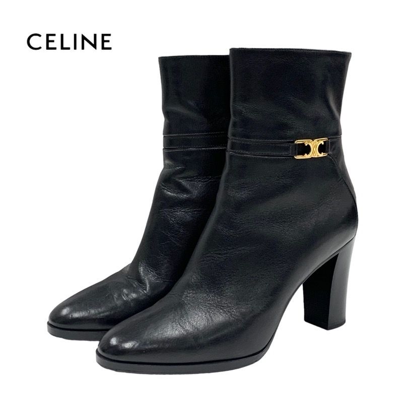 Celine Boots Short Boots Shoes Leather Black Gold Triomphe