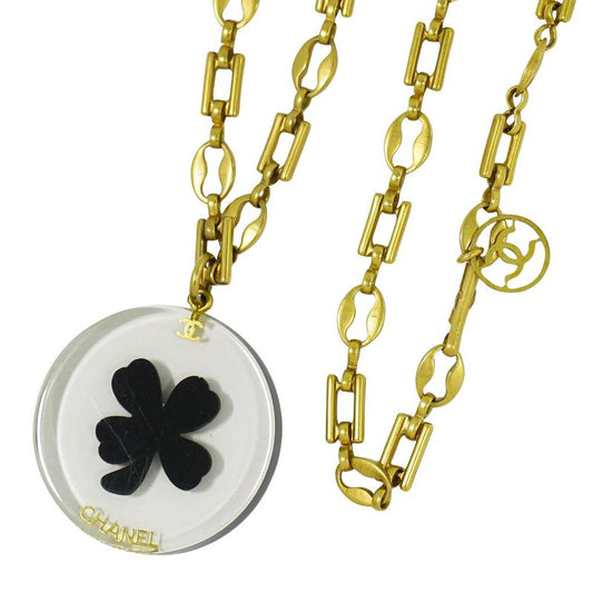 Authentic Chanel Clover Necklace Pendant Plastic GP Gold Plated Clear Black