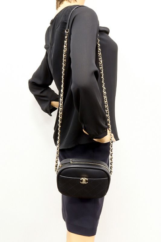 Chanel Chain Shoulder Bag Matelasse Camera Bag Calf Black Gold Hardware As0137