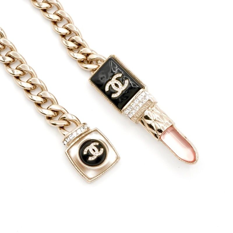 Chanel Necklace Pendant Choker Gold Black Pink Coco Mark Lip Rhinestone Chain