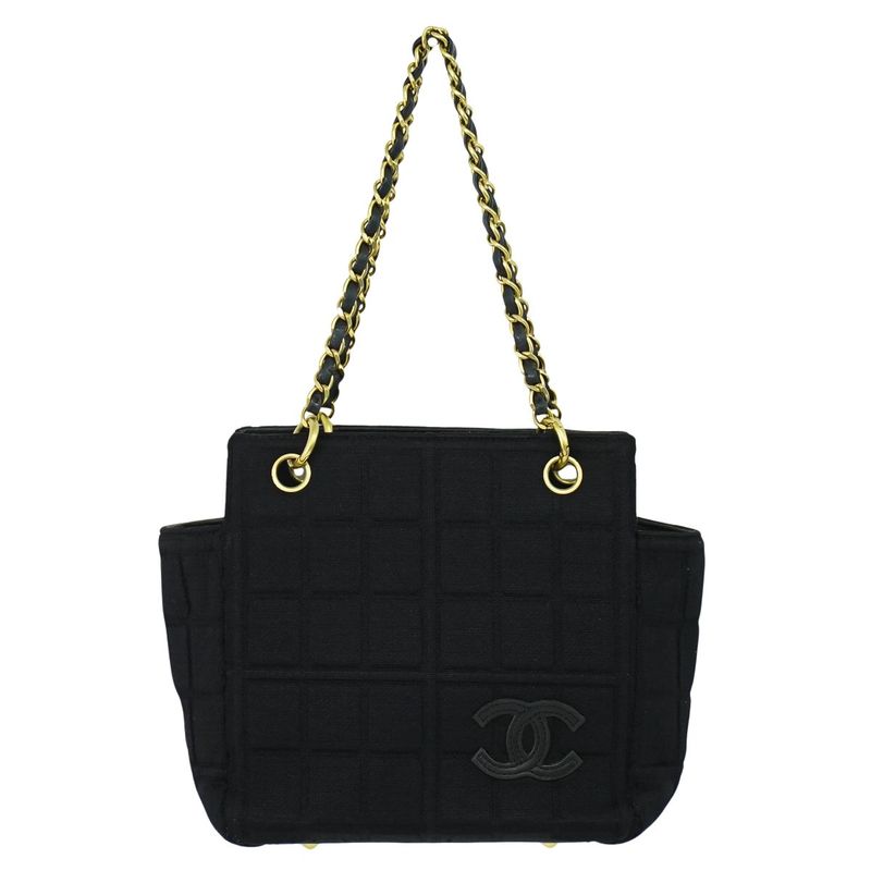 Authentic Chanel Chocolate Bar Chain Shoulder Bag Tote Bag Canvas Black