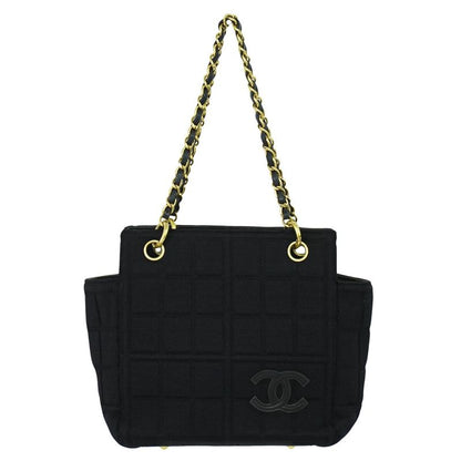Authentic Chanel Chocolate Bar Chain Shoulder Bag Tote Bag Canvas Black