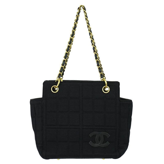 Authentic Chanel Chocolate Bar Chain Shoulder Bag Tote Bag Canvas Black