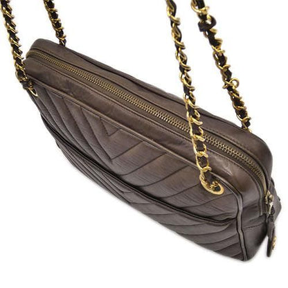 Chanel Double Chain V-stitch Lambskin Brown Shoulder Bag Gold