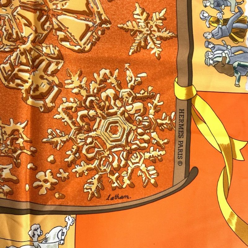 Hermes Carre 90 Neige D'antan Last Year's Snow Orange Scarf 100% Silk
