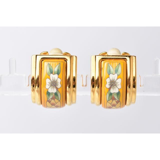 Hermes Earrings Hermes Emailles Cloisonne Enamel With Flower Motif Yellow Gold