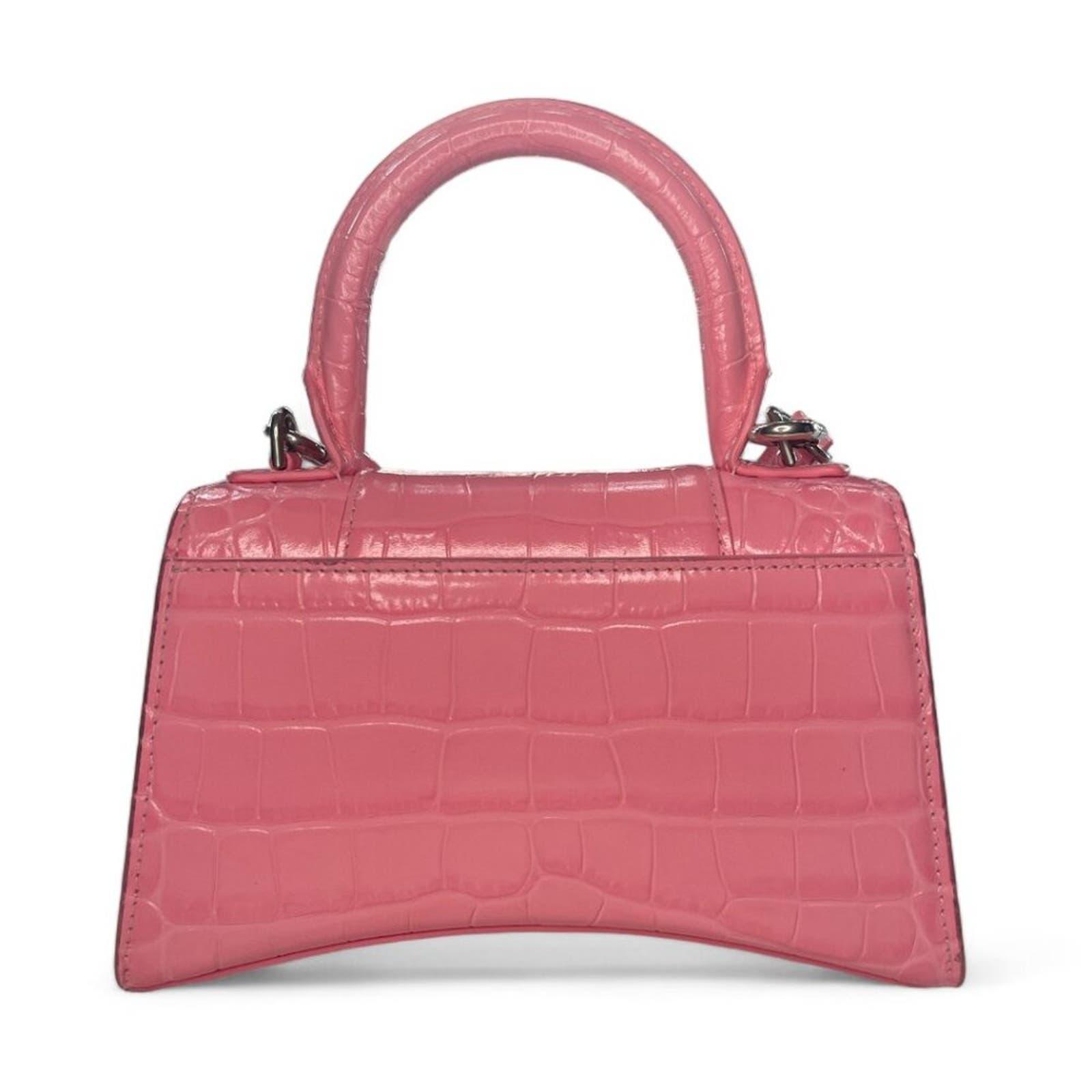 BALENCIAGA Hourglass Top Handle Mini Bag Crocodile Embossed Leather XS Pink Tote - The Reluxe