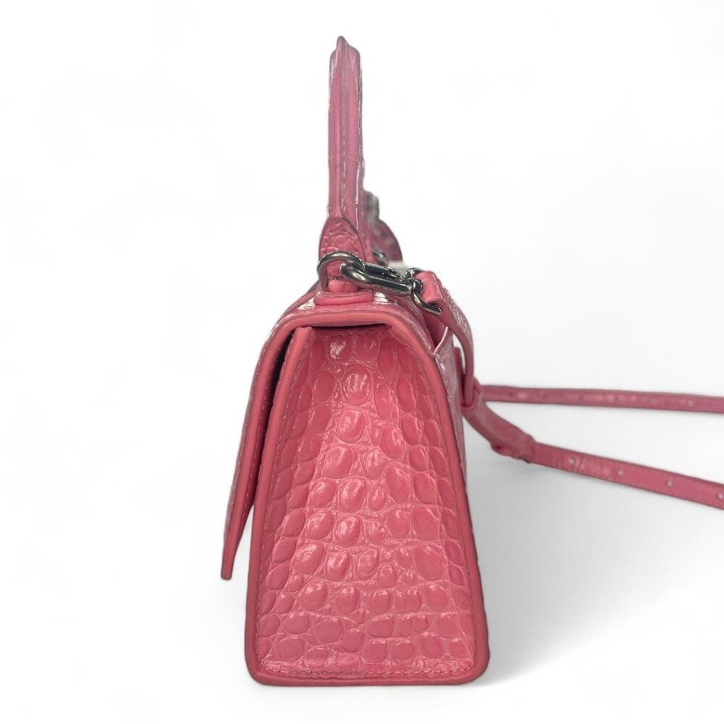 BALENCIAGA Hourglass Top Handle Mini Bag Crocodile Embossed Leather XS Pink Tote - The Reluxe