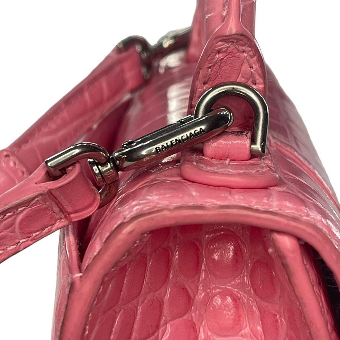 BALENCIAGA Hourglass Top Handle Mini Bag Crocodile Embossed Leather XS Pink Tote - The Reluxe