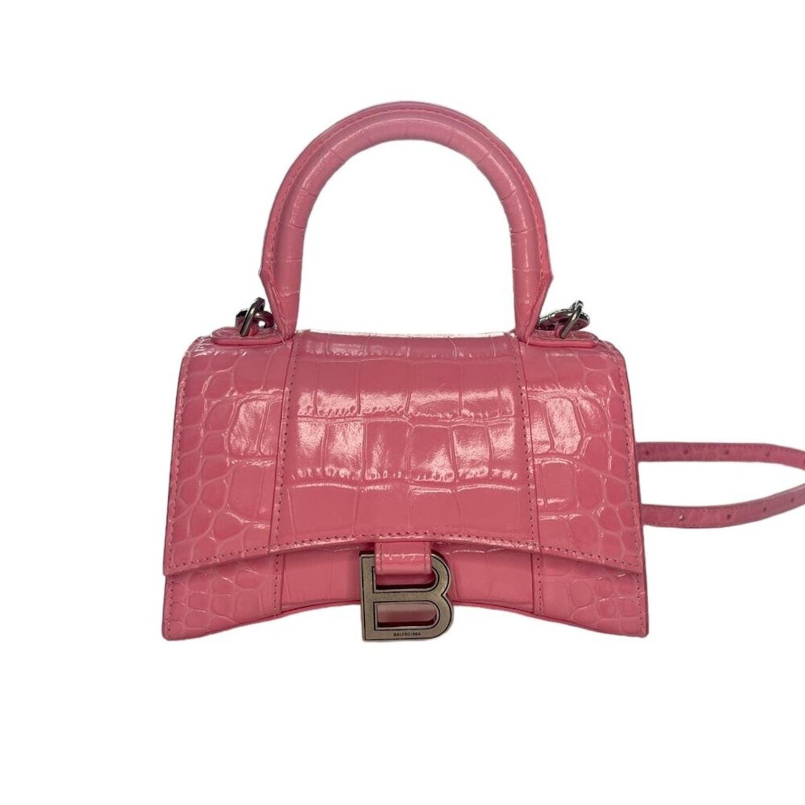 BALENCIAGA Hourglass Top Handle Mini Bag Crocodile Embossed Leather XS Pink Tote - The Reluxe