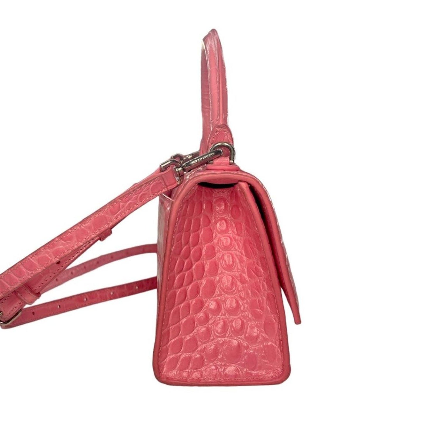 BALENCIAGA Hourglass Top Handle Mini Bag Crocodile Embossed Leather XS Pink Tote - The Reluxe