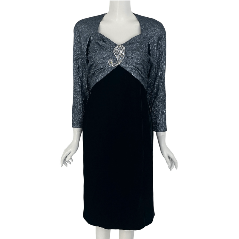 Christian DIOR Dressy Dress Velour Lame Rhinestones Long Sleeves Long