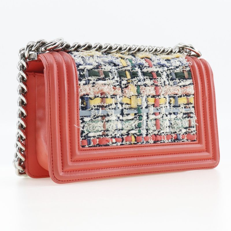 Chanel Boy Chanel Chain Shoulder Tweed And Calf Red Ladies Shoulder Bag