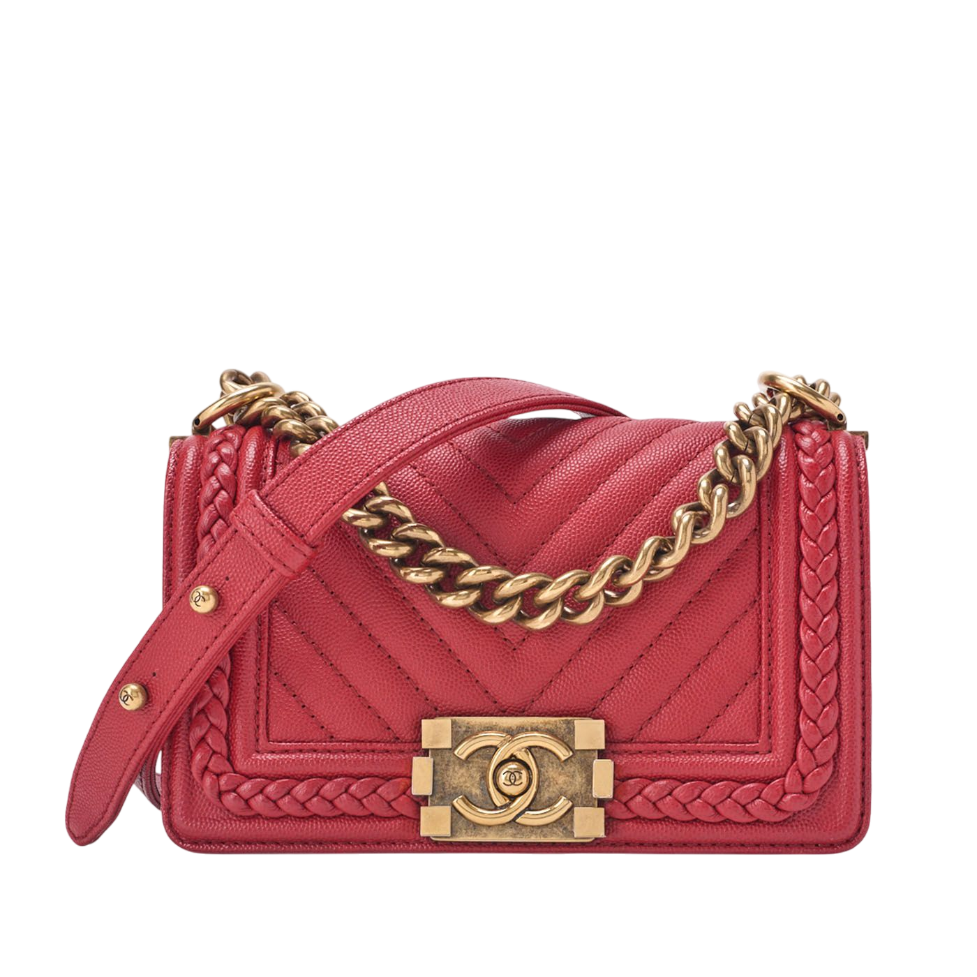 Chanel Boy Chanel V-stitched Chain Shoulder Caviar Skin Red (gold Hardware)