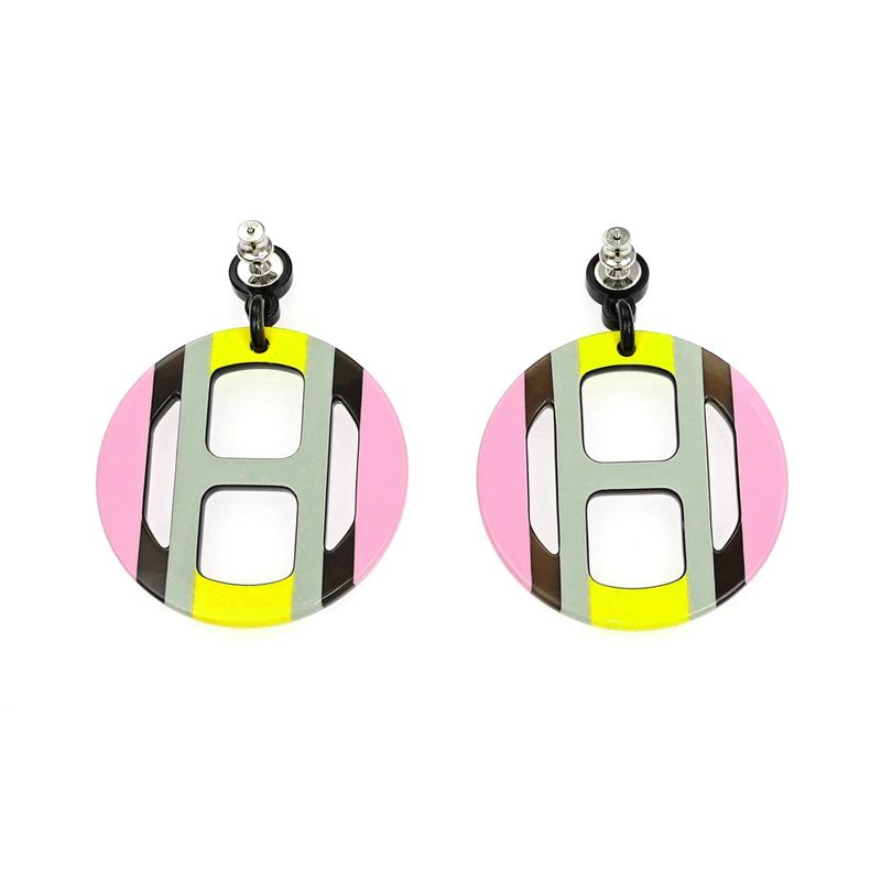 Hermes Earrings H Equipe Buffalo Horn Pair Multicolor Pink Gray Yellow