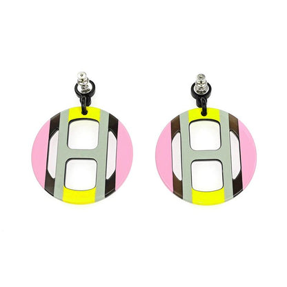 Hermes Earrings H Equipe Buffalo Horn Pair Multicolor Pink Gray Yellow