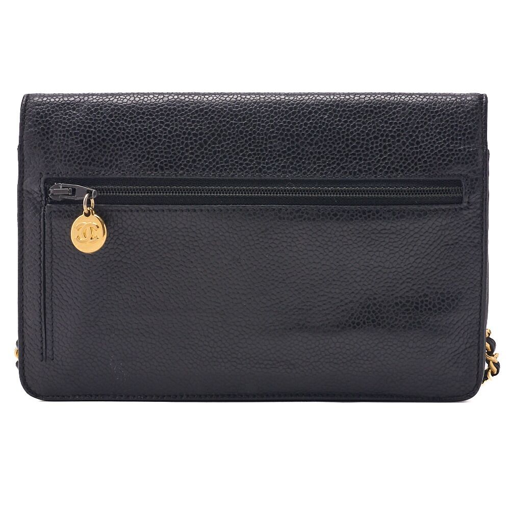 Chanel Shoulder Bag Chain Wallet Caviar Skin Black Silver Hardware Push Lock