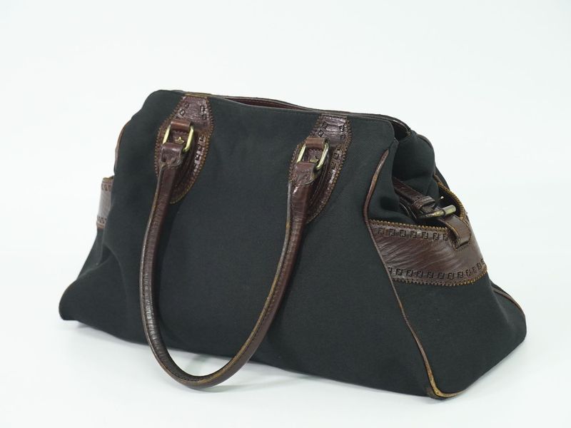 Authentic Fendi Etonico Tote Handbag Canvas Leather Black Brown 8bn162 Etonico