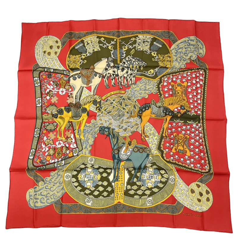 Hermes Carre 90 ART Des Steppes Step Art Horse Scarf Silk Red