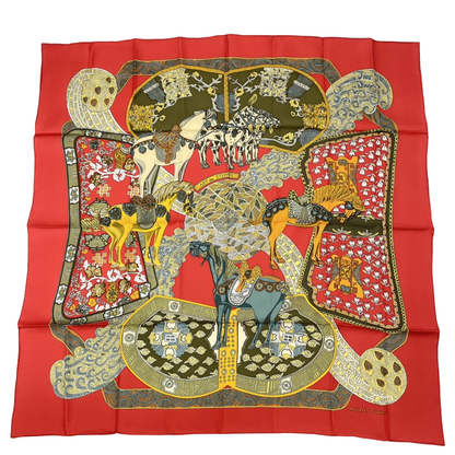 Hermes Carre 90 ART Des Steppes Step Art Horse Scarf Silk Red