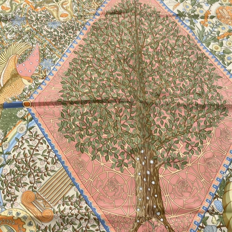 Hermes Scarf Carré 90 Light Orange×khaki×multi Axis Mundi/floral Pattern