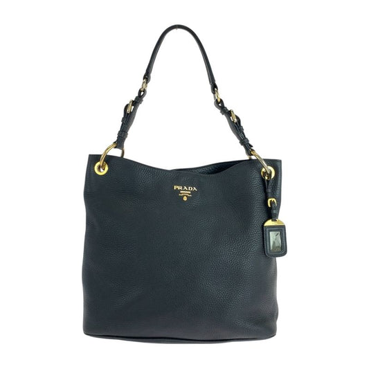 Prada Vitello Dino Logo Black Gold Hardware Leather Hobo Shoulder Bag Shoulder