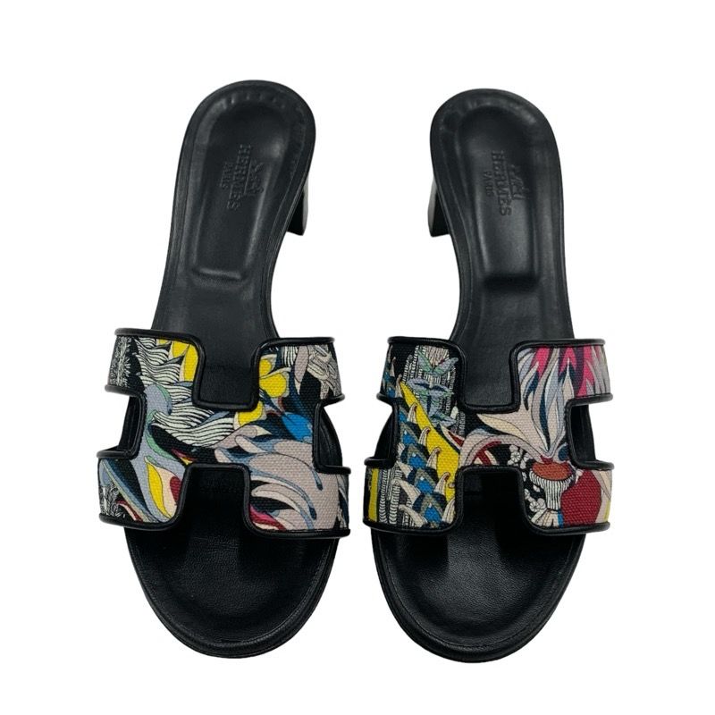 Hermes Oasis Sandals Shoes Leather Fabric Black Multicolor Mules