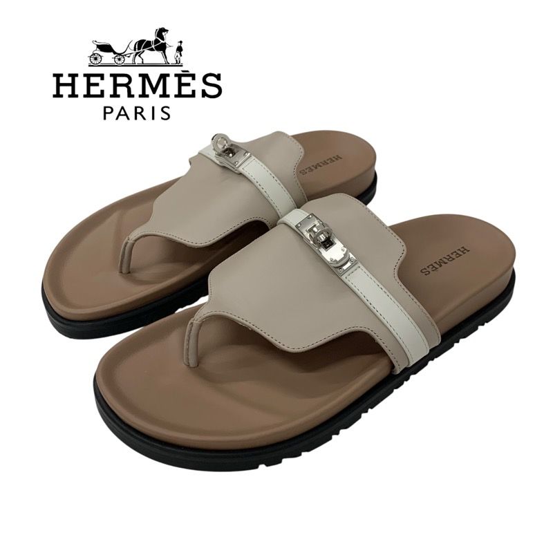 Hermes Empeel Sandals Shoes Leather Brown White Unused Kelly Hardware Mule Flat