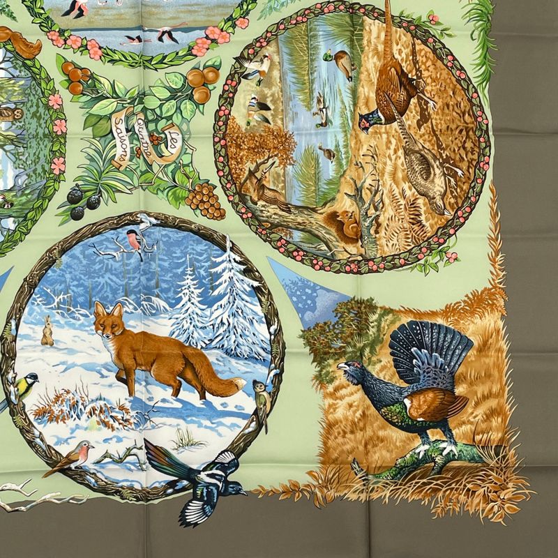 Hermes Carre 90 LES Quatre Saisons Four Seasons Brown Animal Flower Scarf Silk