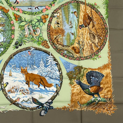 Hermes Carre 90 LES Quatre Saisons Four Seasons Brown Animal Flower Scarf Silk