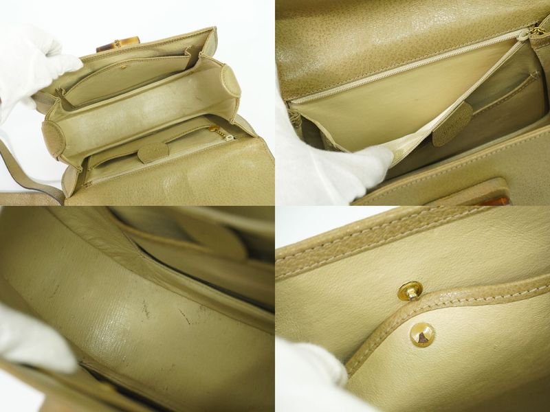 Authentic Gucci Bamboo 2WAY Shoulder Bag Handbag Pochette Leather Beige Bamboo